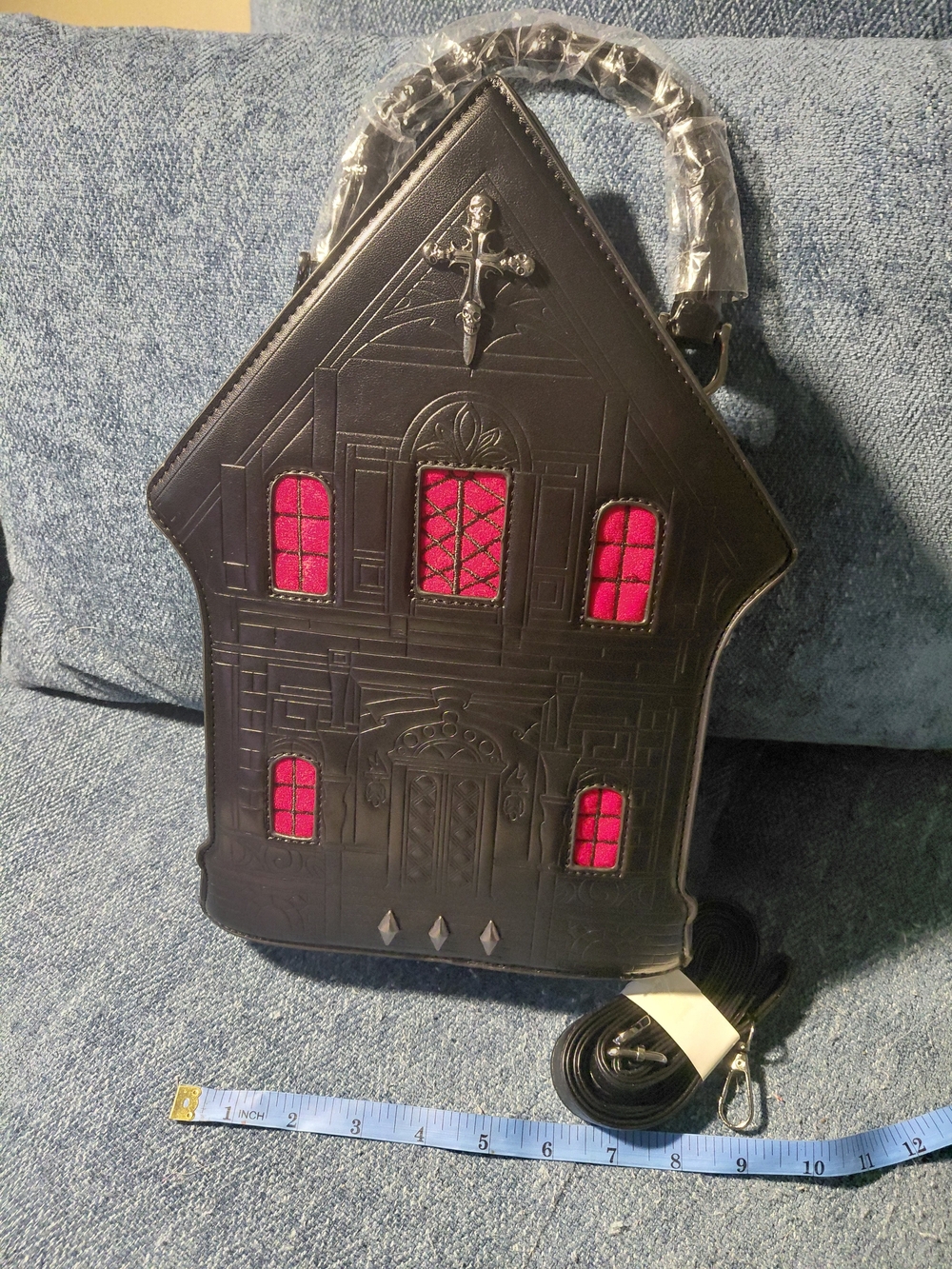 Gothic House-Shaped Crossbody Bag in Black with Pink Window Insets - Picture 2 of 6